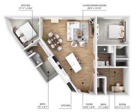 Floor plan for 2 beds, 2 baths, 1275 sqft
